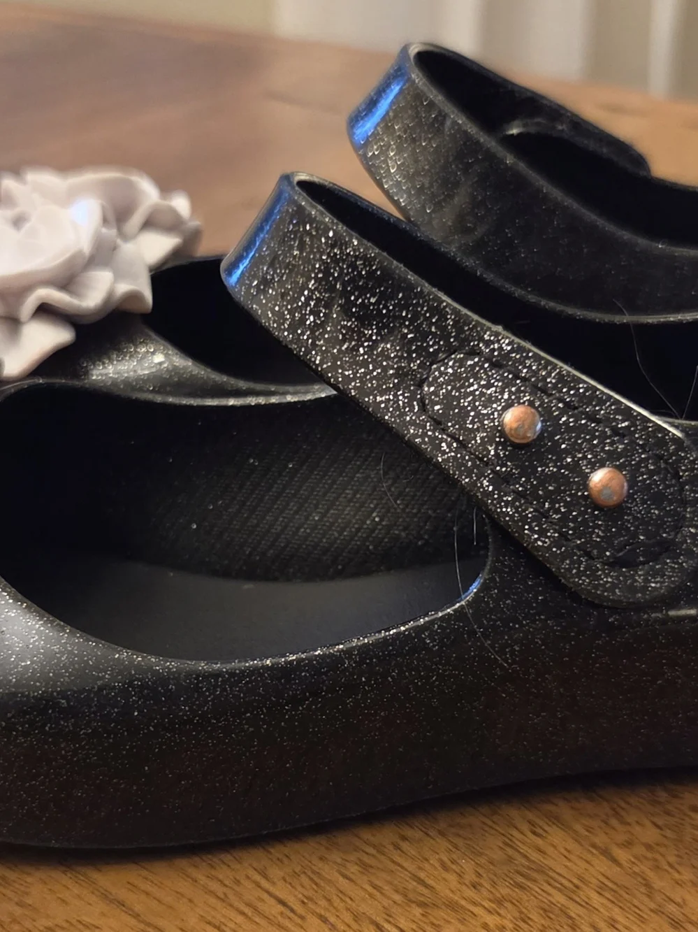 Mini Melissa Black Glitter Floral Rose Mary Jane Jelly Shoes Girls Size 13